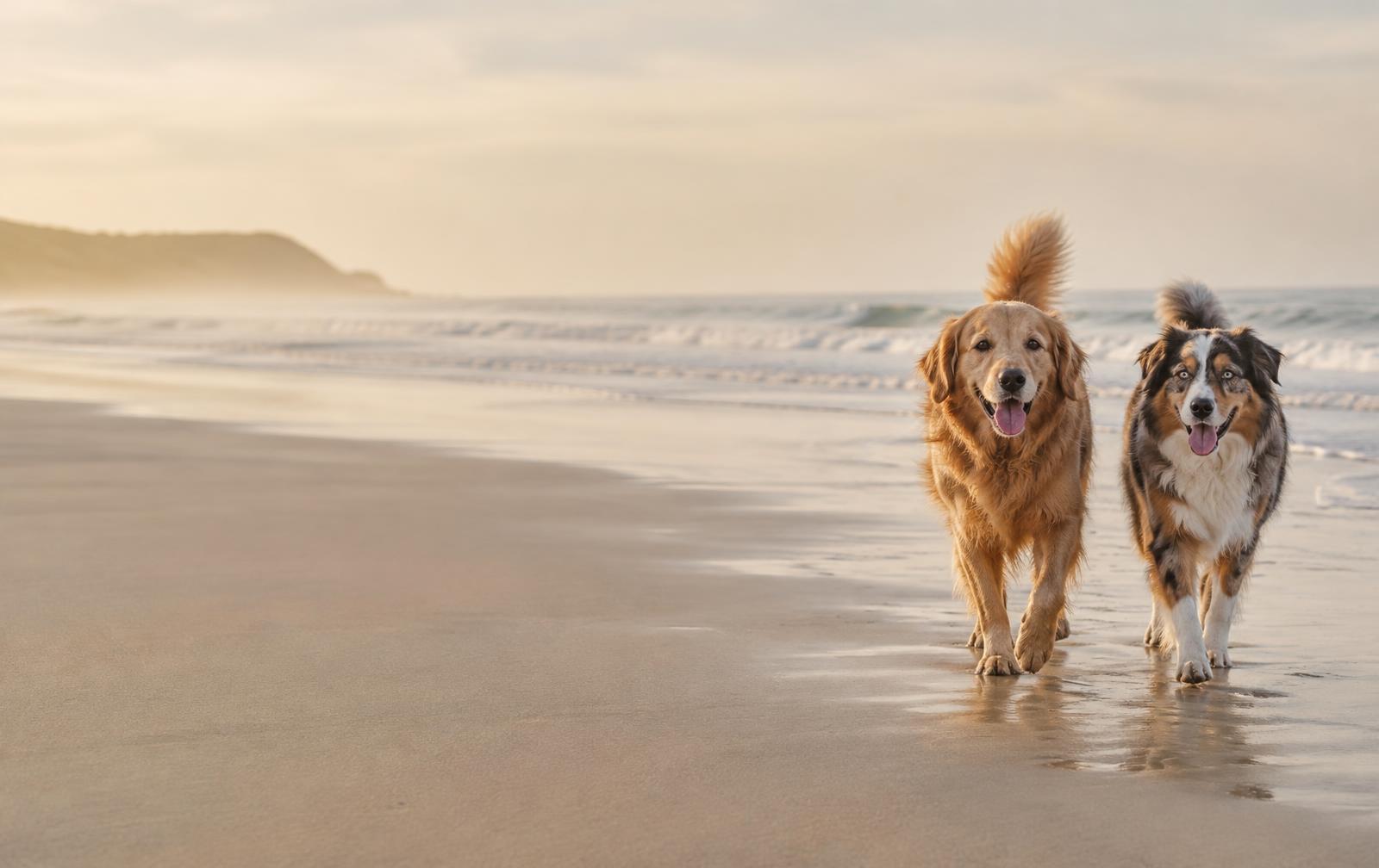 Two dogs walking together along a quiet beach with the sea in the background.