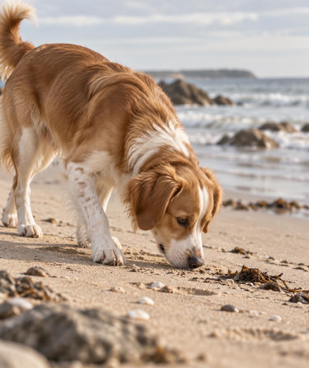 A dog sniffing along the tideline on a sandy beach with the sea in the background.