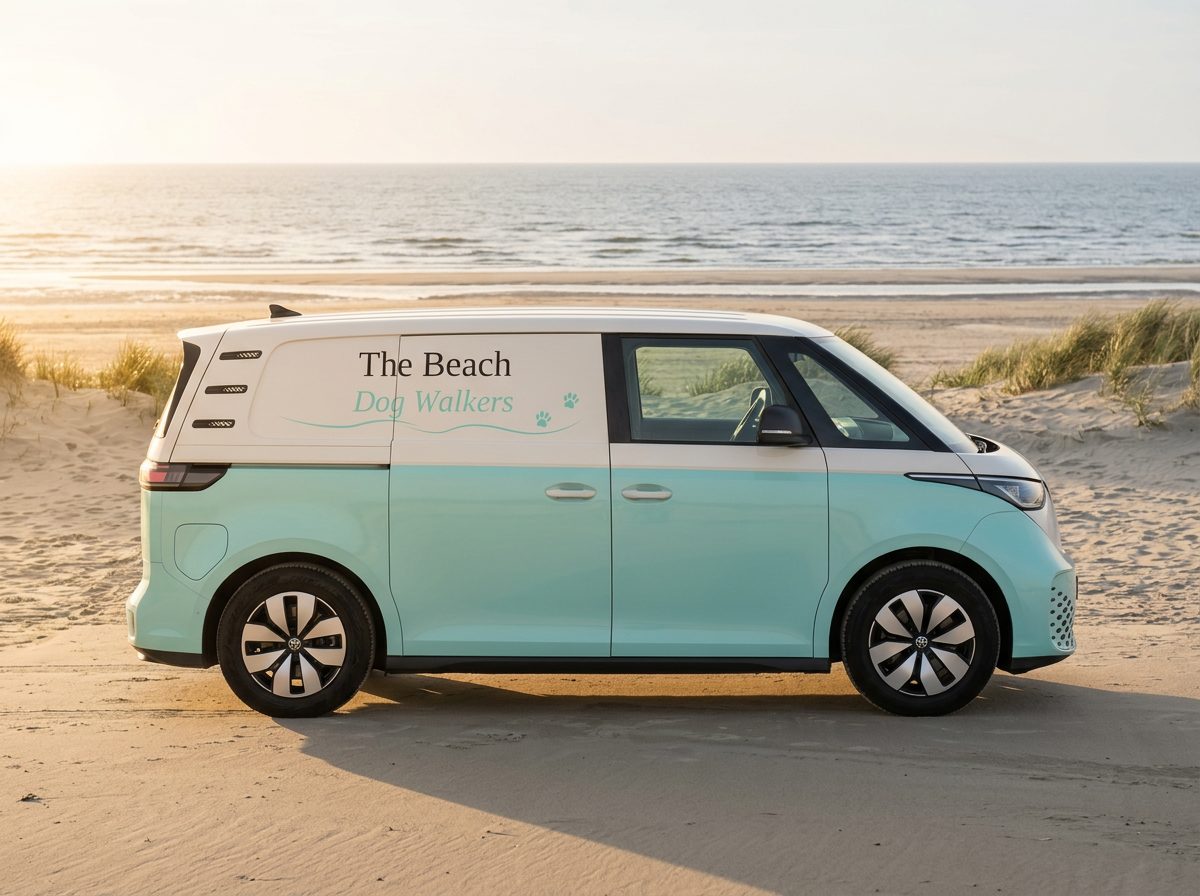 The mint green and white van of The Beach Dog Walkers stands on an empty sandy beach with the sea and dunes behind it.